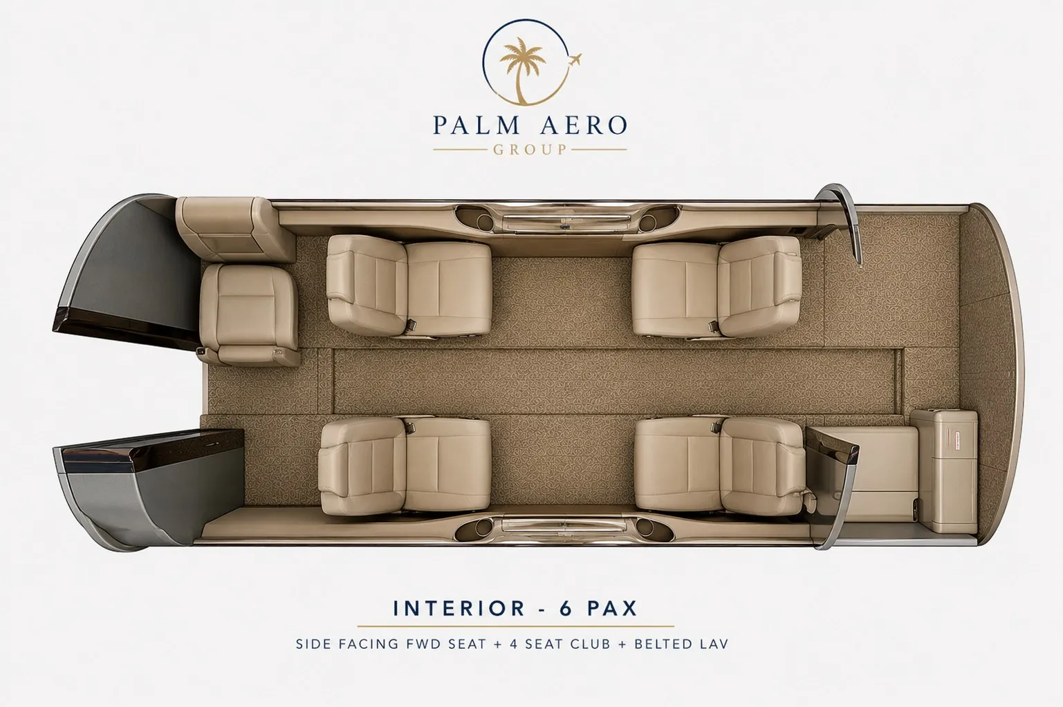 CJ1 seating chart — 6 passengers: side-facing forward seat, 4-seat club, belted lav
